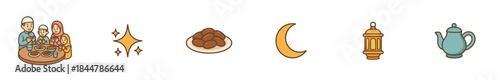 Set of six cute hand-drawn icons for Ramadan celebration including a praying family, dates, crescent moon, lantern, and teapot in a charming cartoon illustration style