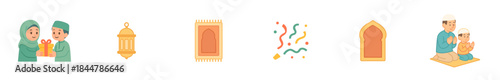Set of Islamic holiday celebration icons featuring a family praying, giving gifts, a lantern, a prayer rug, and festive confetti in a flat cartoon vector illustration style