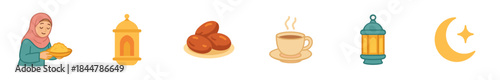 Collection of six Ramadan themed cartoon icons showing a woman in a hijab, fanous lanterns, a plate of dates, a hot drink, and a crescent moon with a star