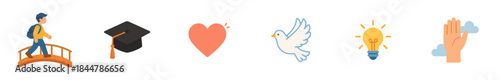 Set of colorful flat vector icons representing life's journey, education, love, peace, ideas, and hope with a student, graduation cap, heart, dove, lightbulb, and hand