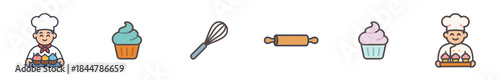 Set of colorful baking and pastry icons featuring a chef, cupcakes, a whisk, and a rolling pin in a cute, simple line art illustration style for food and cooking concepts