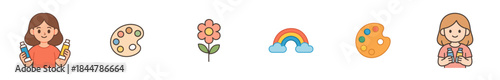 Set of six cute hand-drawn icons for art and creativity, featuring girl artists with paint, palettes, a flower, and a rainbow in a charming, simple cartoon illustration style