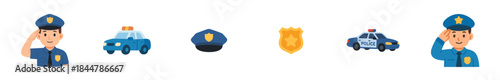 Collection of law enforcement vector icons showing a saluting policeman, patrol car, uniform hat, and golden badge, illustrated in a friendly and simple flat graphic design style