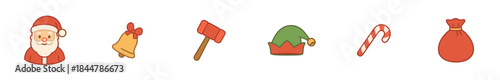 Charming set of six Christmas icons featuring Santa Claus, a jingle bell, a toy hammer, an elf hat, a candy cane, and a gift sack in a cute, flat cartoon illustration style