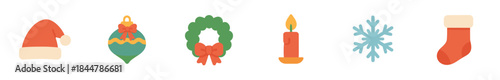 Set of six colorful Christmas icons including a Santa hat, bauble, wreath, candle, snowflake, and stocking in a simple flat design style for festive holiday celebrations