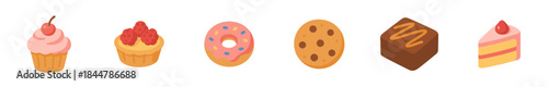 Set of six sweet pastry icons featuring a cherry cupcake, raspberry tart, pink donut, chocolate chip cookie, brownie, and a slice of strawberry cake in a minimalist vector style