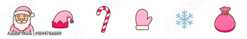 Set of six cute pink Christmas icons including Santa, an elf hat, a candy cane, a mitten, a snowflake, and a gift sack in a modern, minimalist cartoon style