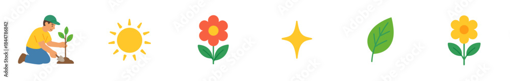 Obraz premium Collection of simple nature and gardening icons featuring a man planting a sapling, a sun, two colorful flowers, a green leaf, and a sparkle in a flat vector style