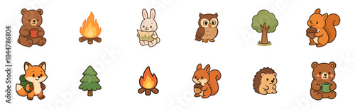 Set of adorable forest animal illustrations featuring a bear, fox, owl, squirrel, hedgehog, and rabbit with camping elements like a fire and trees in a kawaii cartoon drawing style