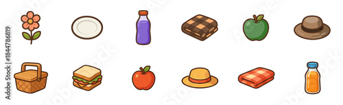 Cute collection of twelve illustrated picnic items including a basket, sandwich, apples, juice, blankets, hats, a plate, and a flower in a simple cartoon style