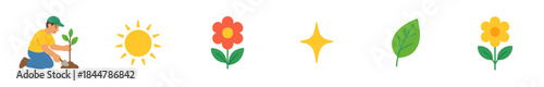 Collection of simple nature and gardening icons featuring a man planting a sapling, a sun, two colorful flowers, a green leaf, and a sparkle in a flat vector style