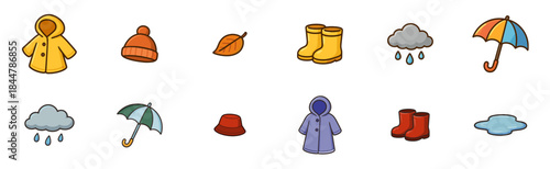 Colorful cartoon set of autumn weather icons including raincoats, boots, umbrellas, hats, leaves, clouds, and puddles for seasonal design elements in a cute, simple style
