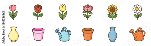 Set of cute colorful flower and gardening icons including a tulip, rose, peony, sunflower, daisy, vase, pot, and watering can in a simple cartoon doodle style