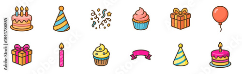 Collection of cute cartoon birthday celebration icons featuring cakes with candles, gift boxes, cupcakes, party hats, and a balloon in a simple, colorful vector illustration style