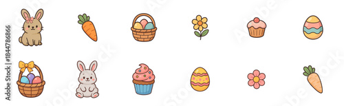 Cute collection of hand-drawn Easter icons featuring adorable bunnies, decorated eggs, baskets, carrots, cupcakes, and flowers in a charming, colorful cartoon doodle style