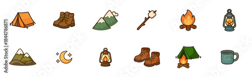 Cute collection of various camping icons in a simple cartoon style, showing a tent, hiking boots, campfire, lantern, mountains, marshmallow, mug, and a crescent moon with stars