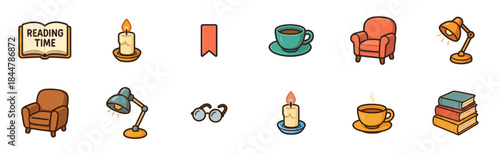 Collection of cozy reading time icons including books, armchairs, lamps, candles, glasses, and coffee cups in a cute cartoon illustration style for hobbies and relaxation