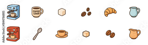 Colorful cartoon set of coffee icons including an espresso machine, mug, beans, croissant, sugar cube, and milk pitcher for a cafe or breakfast theme illustration