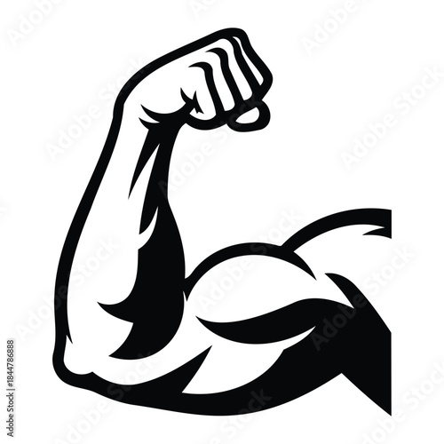 Strong flexed bicep arm silhouette icon in black bold style