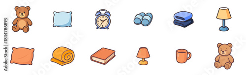 Cute cartoon icon set of bedtime and sleep accessories including a teddy bear, pillow, alarm clock, slippers, lamp, and book, drawn in a simple flat illustration style