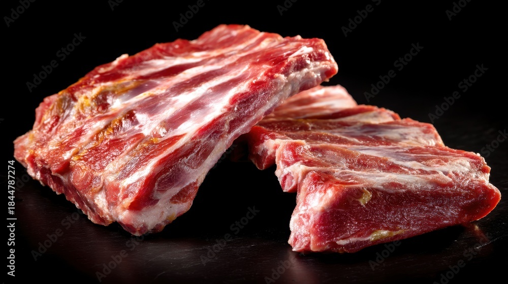 Obraz premium Two pieces of raw pork ribs are displayed on a dark surface. The meat shows its red color and marbling. The ribs are prepared for cooking. Light highlights the texture of the meat.