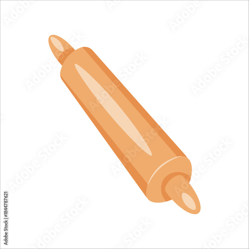 Wooden rolling pin isolated on white. Classic baking tool for dough preparation, pastry, and kitchen design.