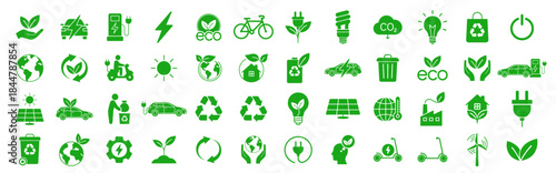 Ecology icon set. Eco green symbols, environment and sustainability concept, nature and energy collection on transparent background