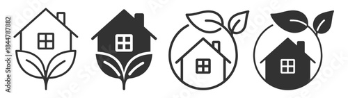 Eco house green nature leaf icon set, clean ecological renewable symbol collection, minimal outline and solid vector design, organic environmental concept on transparent background