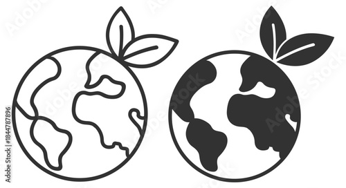 Earth with leaf icons, green planet and nature symbols, sustainable world vector on transparent background