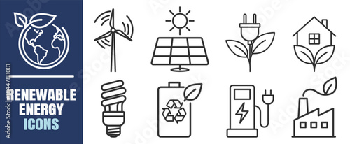 Energy ecology icon set, renewable power symbols, green electricity and transport vector collection on transparent background