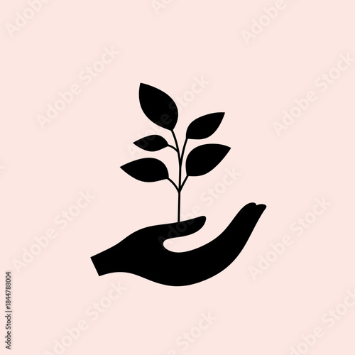Silhouette of human hand holding small plant with leaves growth on plain light background for environmental care and nature conservation concept illustration vector