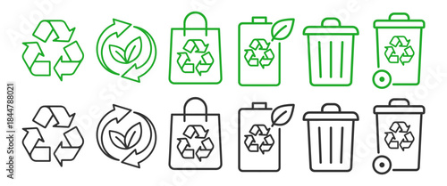 Recycling icon set. Waste bin, reusing and eco environment symbols collection on transparent background