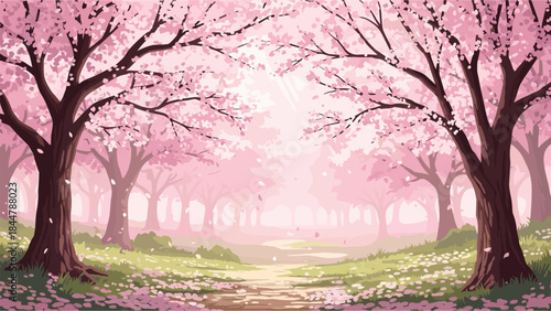 Beautiful cherry blossom pathway in a tranquil spring forest setting