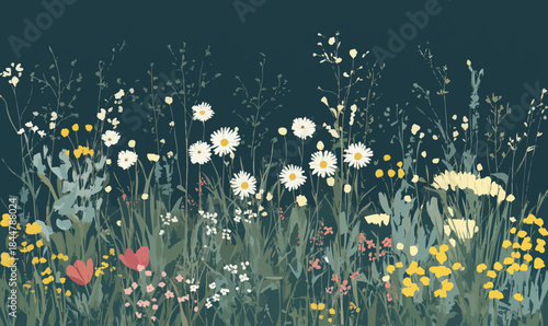 Colorful wildflower meadow with daisies bees and various blooming plants in flat minimalistic vector style isolated on dark background