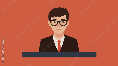 Portrait of professional young man wearing glasses and suit with red tie against solid background in flat minimalist vector style