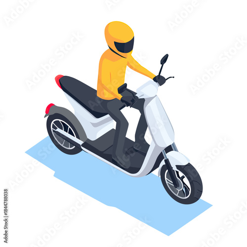 Isometric electric scooter with rider in yellow helmet and jacket riding white modern urban motorbike flat vector illustration isolated on white background