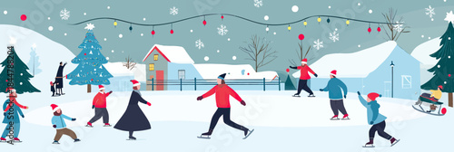People ice skating outdoors winter holiday scene with snow and decorated Christmas tree minimalist flat vector illustration festive activity