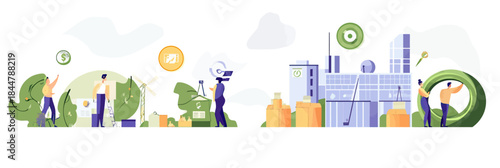 Sustainable industrial development with renewable energy, eco friendly manufacturing, circular economy concept, green energy sources, minimal vector illustration