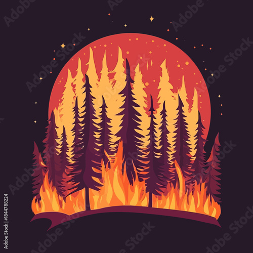 Forest wildfire burning pine trees with large flames under glowing red sun at night vector illustration in flat minimalist style