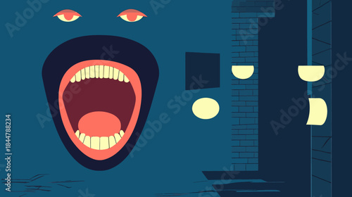 Abstract minimalist vector illustration of large open mouth with teeth and tongue against night city building facade with glowing windows and stylized eyes above on dark blue background