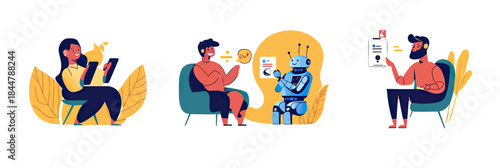People interacting with chatbot robot on smartphones and tablets discussing questions and answers in flat minimalist vector style conversation concept illustration