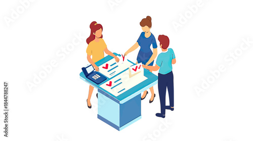 Isometric people filling out checklist on digital tablet touch screen survey form with check marks and pen in customer feedback concept vector illustration
