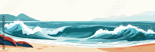 Minimalist vector illustration of ocean waves crashing on sandy beach with rocky shore and distant mountains in flat design style