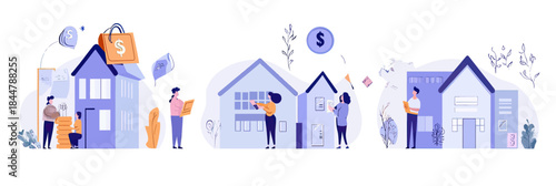 People examining house models real estate investing concept mortgage home buying financial growth stability flat vector illustration