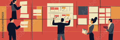 Team members collaborating on project planning workflow using kanban board and sticky notes in modern office setting flat vector illustration