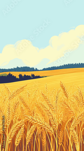 Golden wheat field close up with blue sky and distant forest landscape rural agriculture summer harvest scene vector illustration
