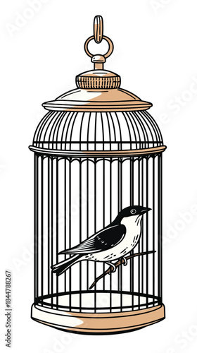 Minimalist vector illustration of black and white sparrow inside vintage cylindrical birdcage with beige accents on white background simple flat design