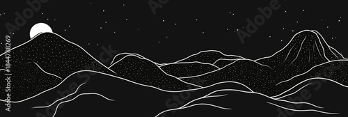 Minimalist black and white mountain landscape with night sky stars and moon in flat vector outline style for nature and outdoor design concepts