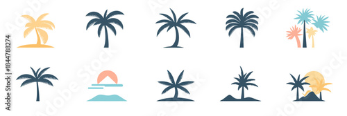 Minimalist black silhouette palm tree icons set for tropical beach vacation summer travel design isolated on white background with simple flat style vector illustrations collection