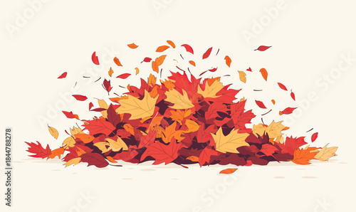 Pile of colorful autumn leaves falling and scattered on ground with red orange and yellow foliage in flat minimalistic vector style isolated on light background